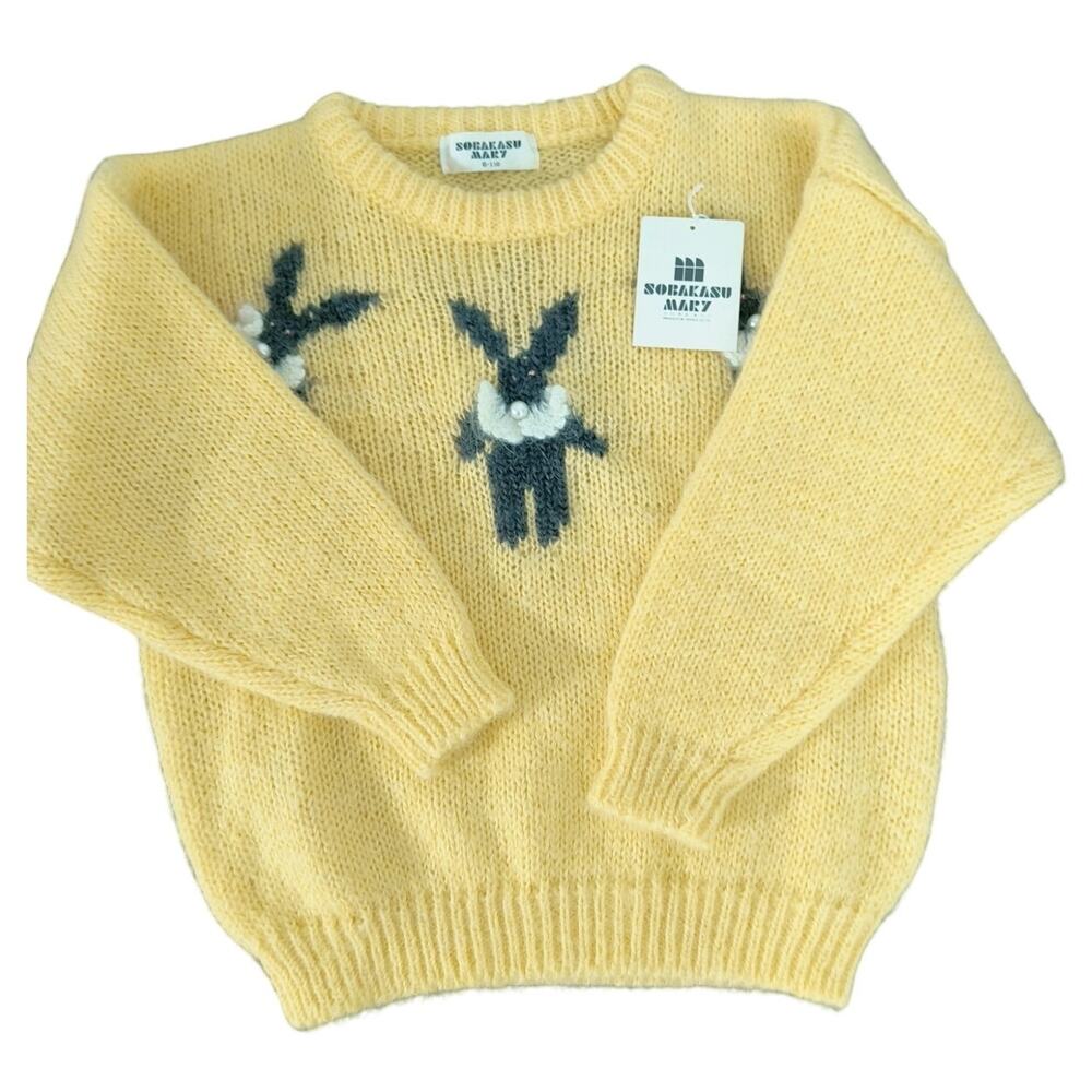 Vintage Mary Sobaksu Knit Sweater Girls Sz 6 Yellow Embroidered Rabbit Popover